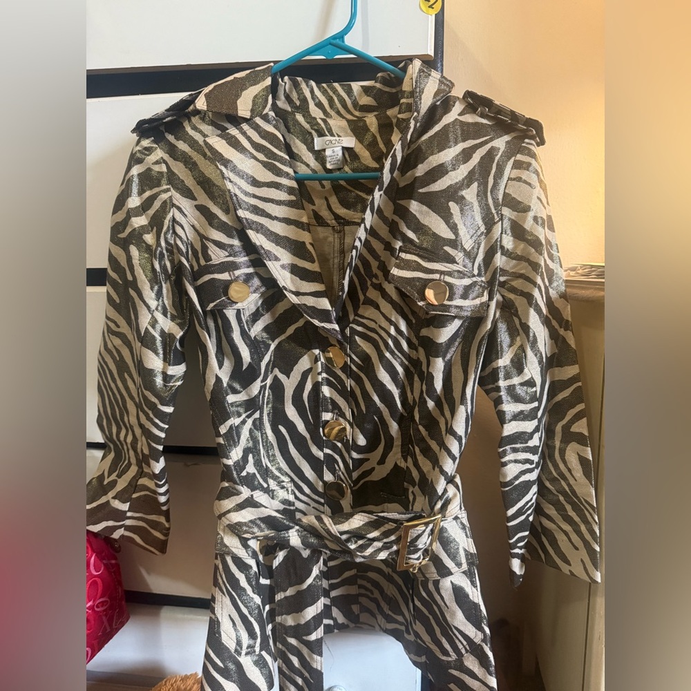 Cache Bronze and Beige Zebra Metallic Belted Jacket Size S